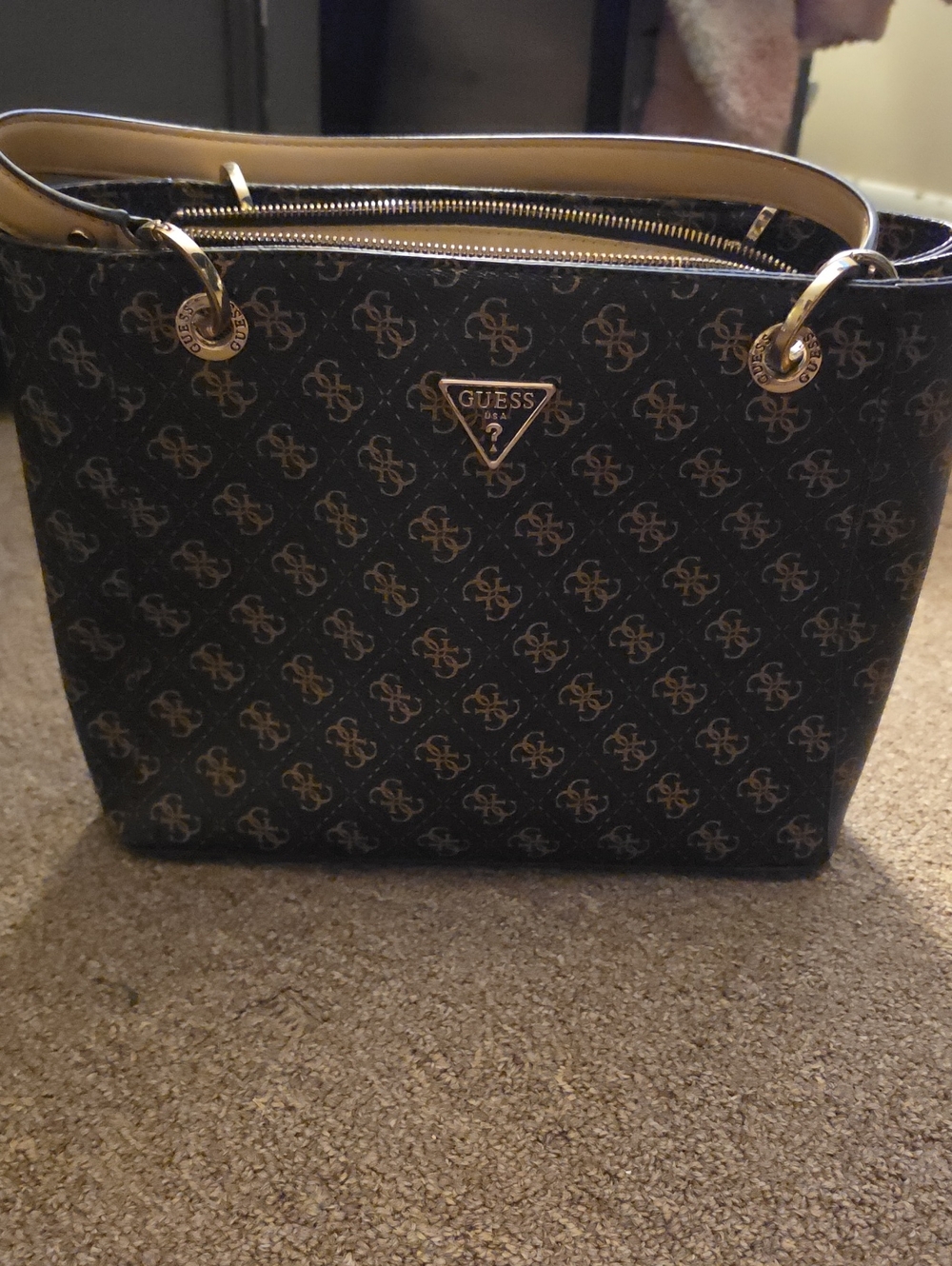 GUESS Black Logo Monogram Tote with Tan Trim